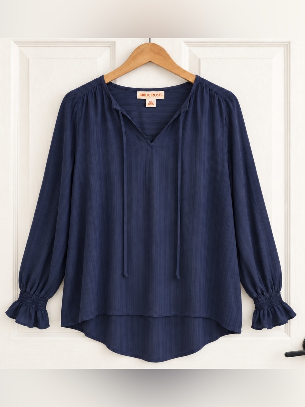 Knox Rose Navy Blue Boho Peasant Blouse Tie Neck Balloon Sleeve Rayon XXL 2X